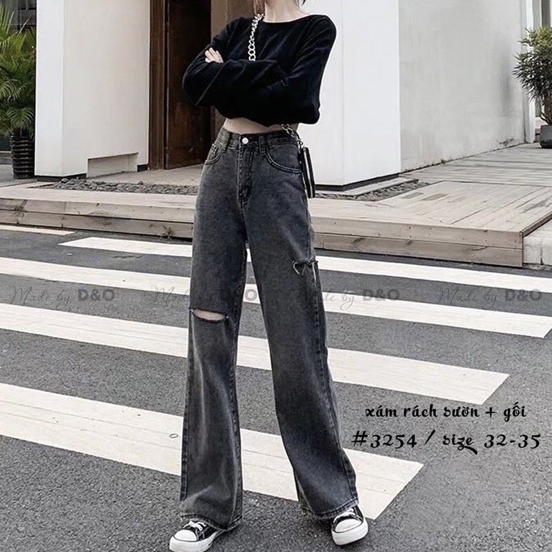 Quần bò suông ống rộng nữ rách gối và hông, quần jeans ống rộng lưng cao túi trước