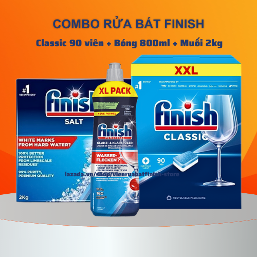 Combo rửa bát Finish hộp 90 viên Classic+Bóng Finish 800ml+Muối Finish 2 kg chuyên dùng cho máy rửa chén máy rửa bát