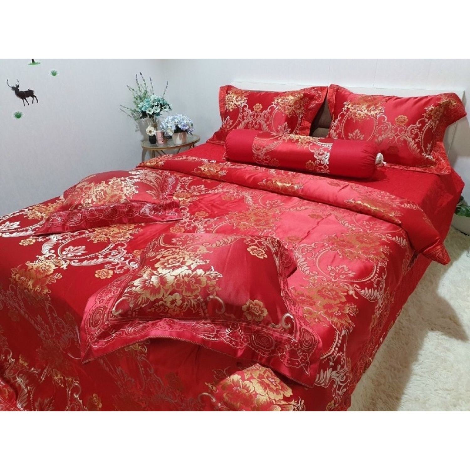 Bộ chăn ga gối lụa Gấm hoàng gia nhập khẩu đẳng cấp thượng lưu, chất liệu gấm cao cấp hoạ tiết hoa văn chìm sang trọng