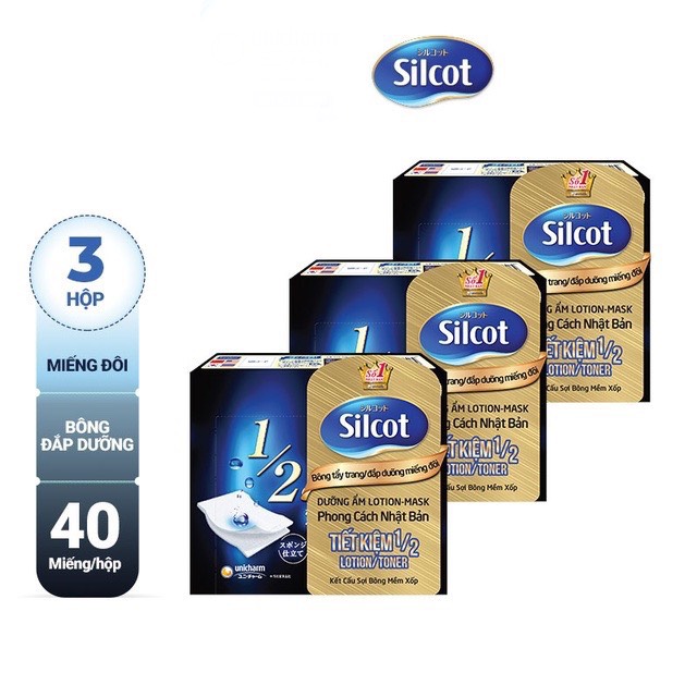 Bộ 3 hộp Bông tẩy trang Silcot đắp dưỡng miếng đôi 40 miếng/hộp
