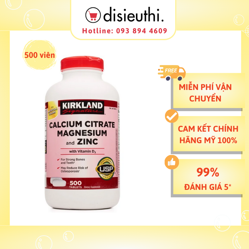 Viên Uống Chắc Xương Kirkland Calcium Citrate, Magnesium and Zinc With Vitamin D Hộp 500 Viên giúp bổ sung và tăng cường các vitamin và khoáng chất giúp xương chắc khỏe và cơ bắp Kirkland Signature Calcium Citrate Magnesium and Zinc