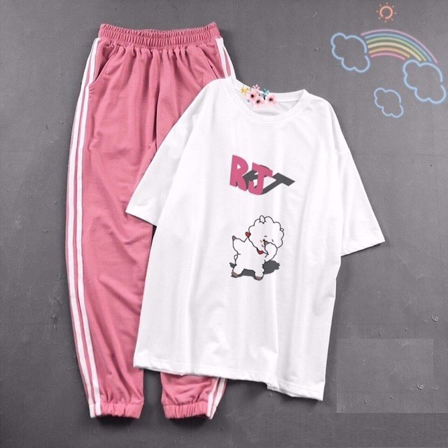 [HAN HAN SHOP 184] Sét Bộ Quần Áo Nữ Mùa Hè, Mặc Ở Nhà, Áo Phông Cotton Mát Mịn In MANG Kèm Quần Thun Tím Sọc Bo Gấu