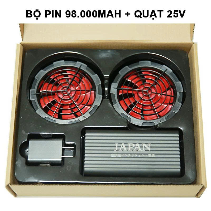 Bộ Pin Áo Điều Hòa Japan Pin 98.000mah 25V+2 Quạt 9 Cánh+Sạc Type C, Chạy 11-15 tiếng