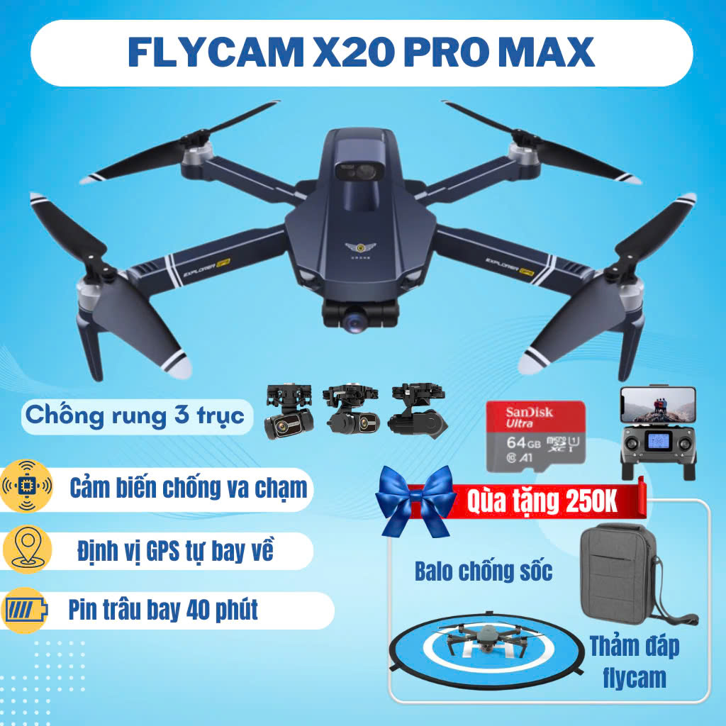 Máy bay flycam Drone Camera 8K Flycam X20 Pro Max camera 8K Ultra , Fly cam định vị G.P.S, chống run