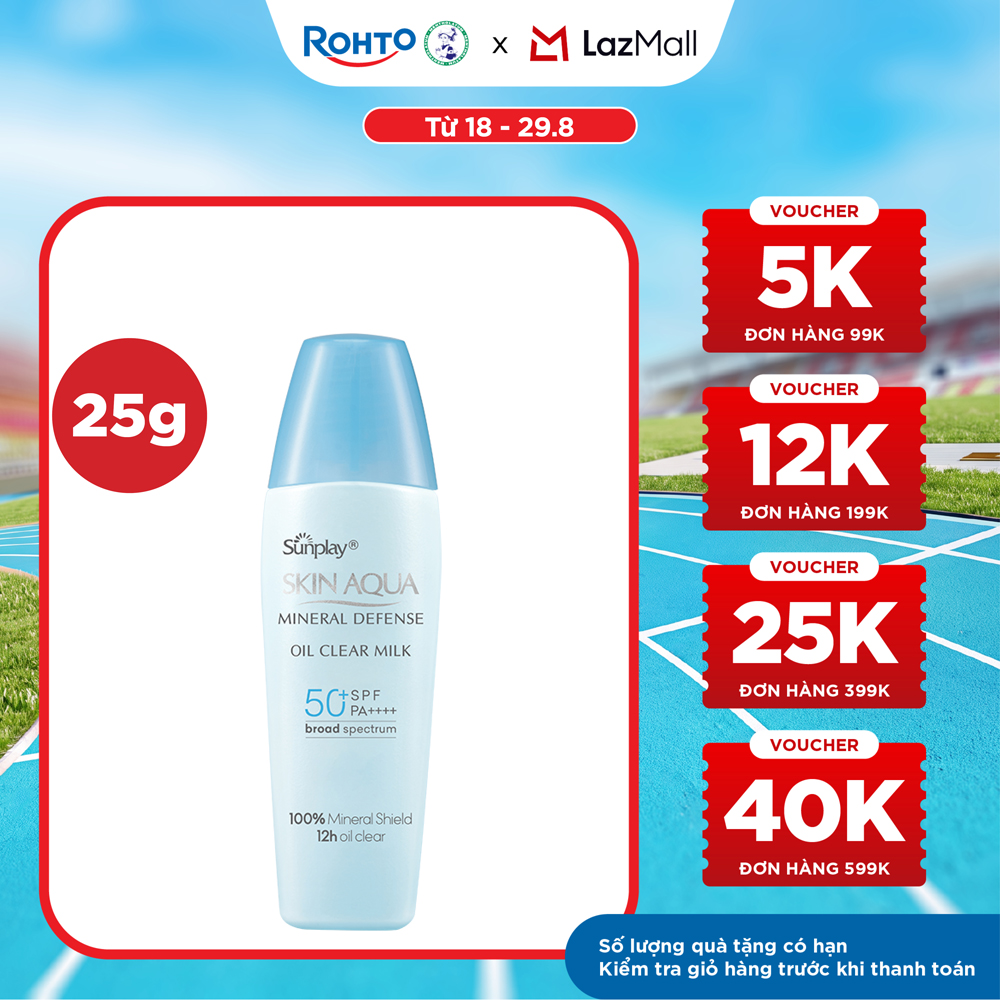 Kem chống nắng vật lý Skin Aqua kiềm dầu, dạng sữa dùng hàng ngày Sunplay Skin Aqua Mineral Defense Oil Clear Milk SPF50+ PA++++ 25g