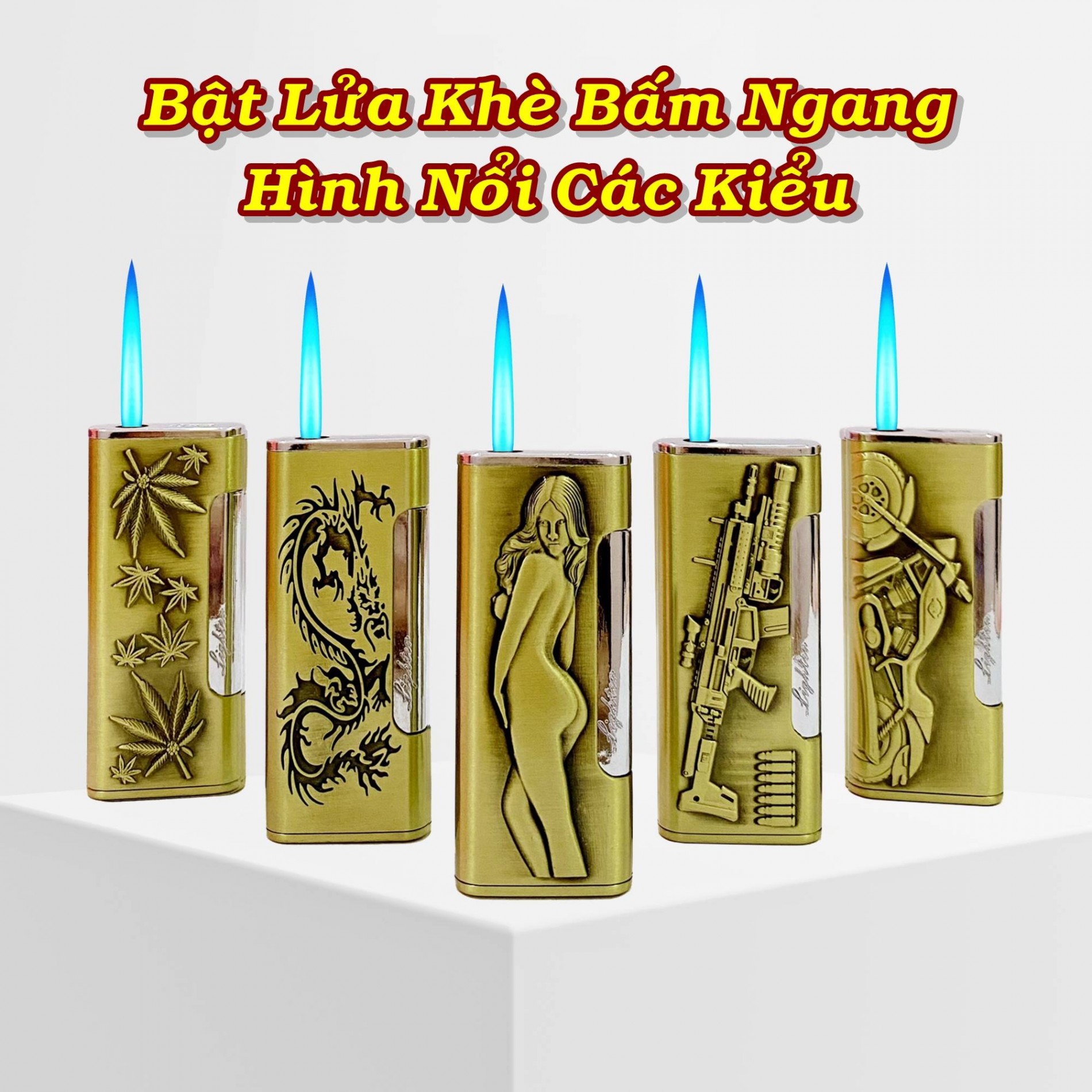 HCM Bật Lửa Khè Xài Gas Bấm Ngang Hình Nổi Các Kiểu