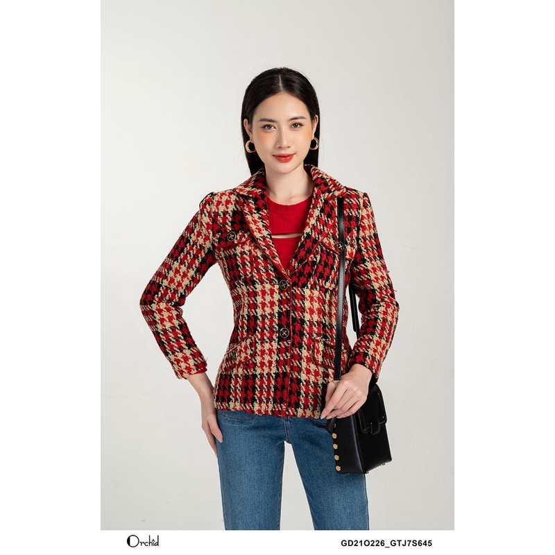 Áo khoác dạ tweed kẻ đỏ dáng ngắn orchid gd21o226