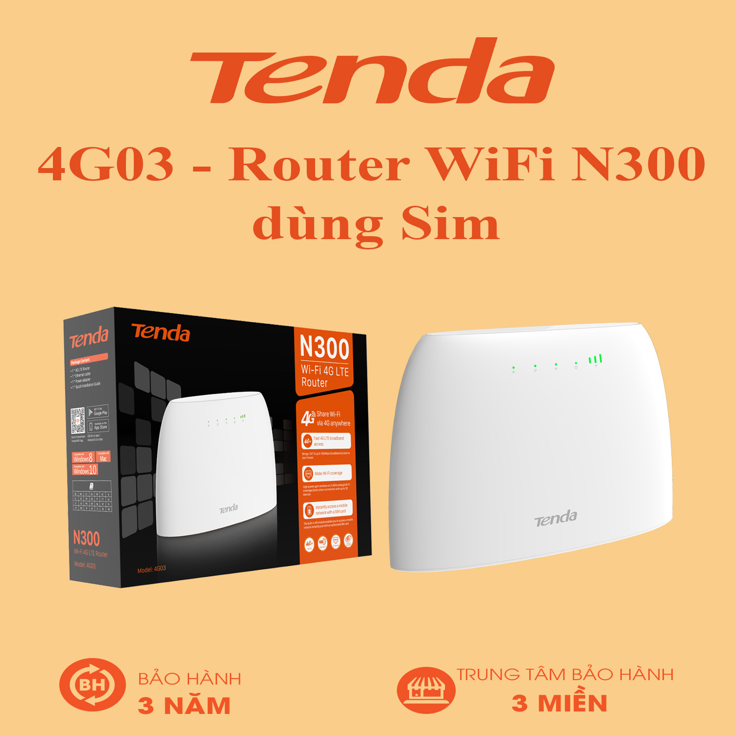 Tenda 4G03 - Router WiFi N300 dùng Sim 4G LTE - Bảo Hành 36 Tháng