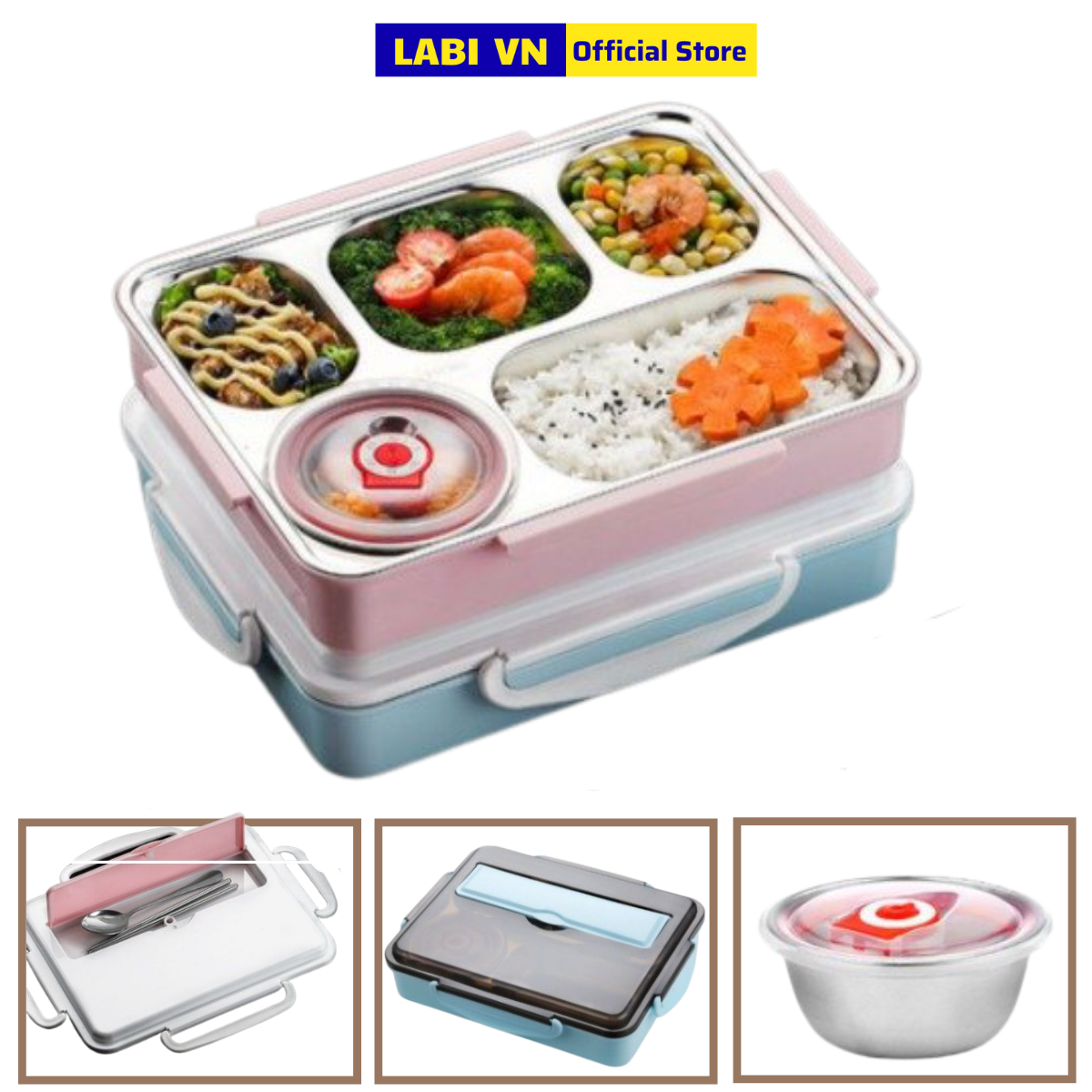 Khay đựng cơm giữ nhiệt labi vn lb217 chia 5 ngăn với khay thức ăn và khay cơm inox - tặng kèm đũa , tô canh có lắp đậy