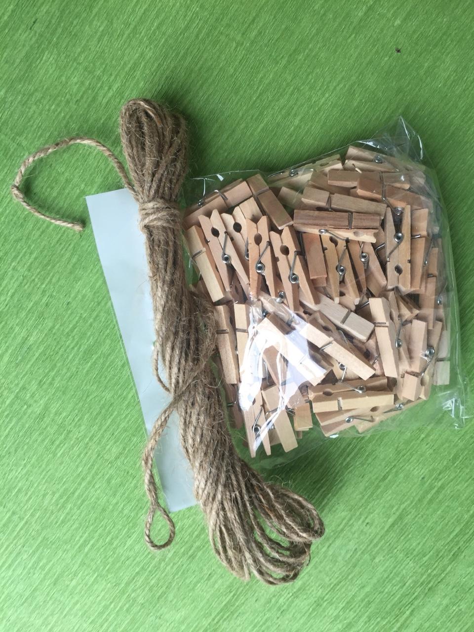 Bộ 100 Kẹp gỗ treo hình ảnh tặng 1 bó dây thừng treo ảnh Chất liệu gỗ Dễ dàng sử dụng và trang trí