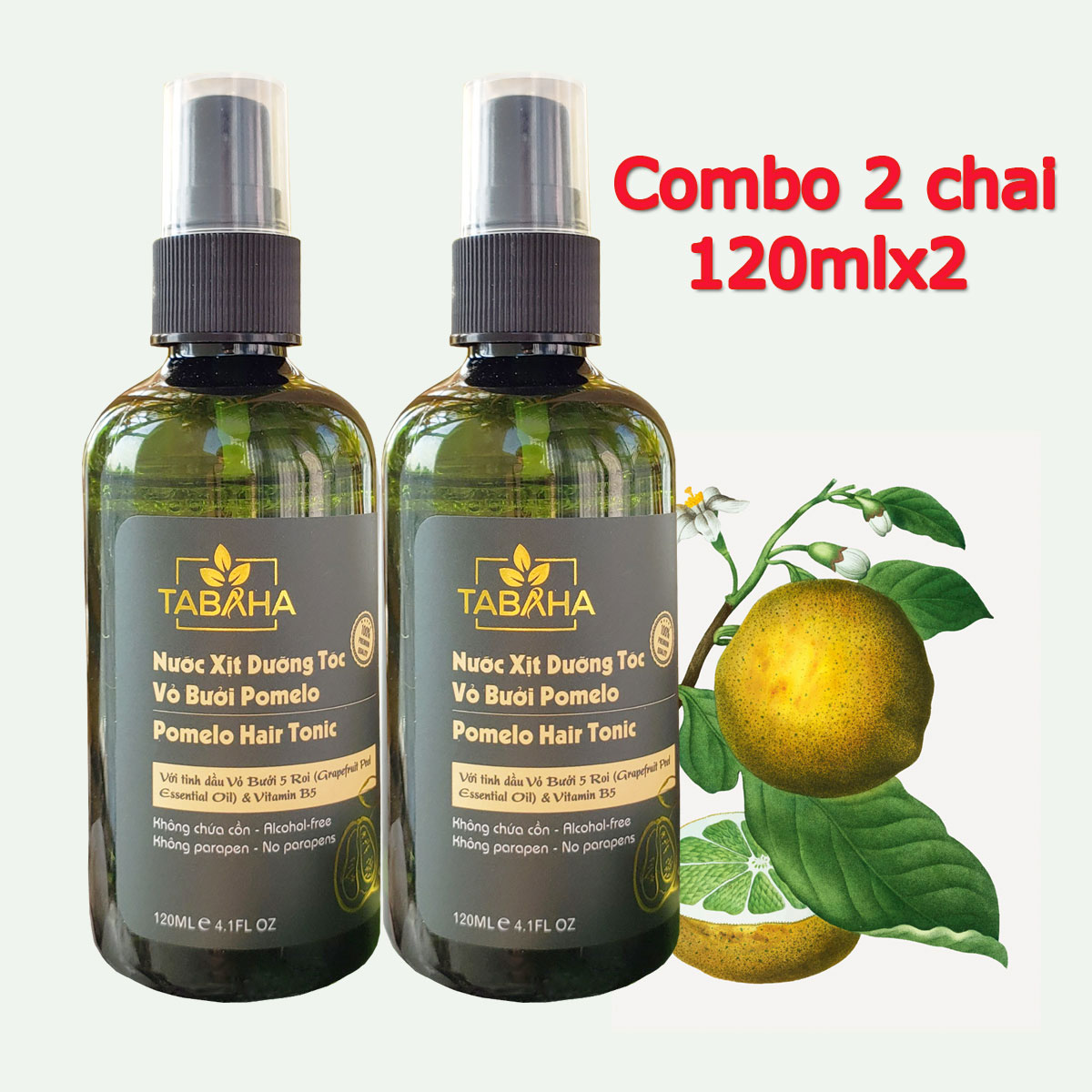 Liệu trình 2 chai Xịt Dưỡng Tóc Tinh Dầu Vỏ Bưởi Tabaha 120ml từ thiên nhiên