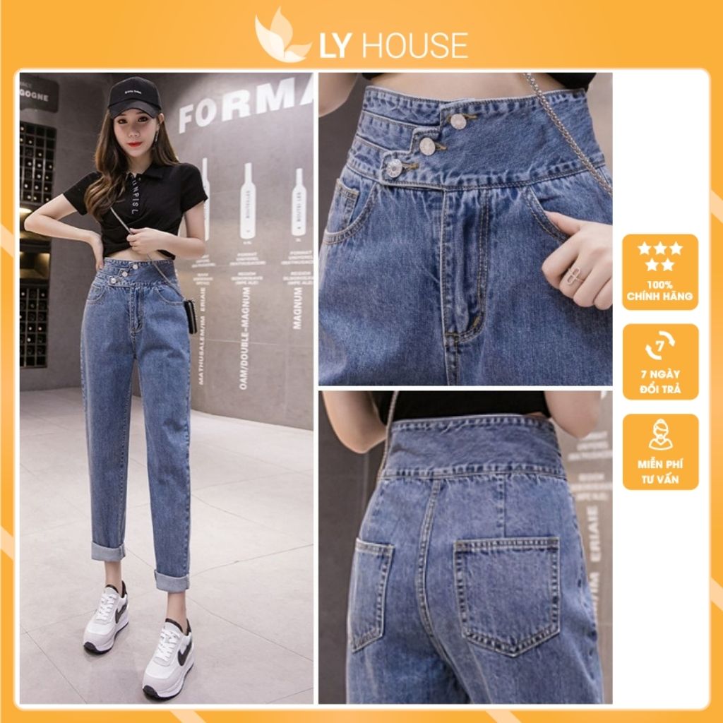 Quần jean baggy nữ chất bò cạp cao 3 cúc, bản to phong cách hàn quốc