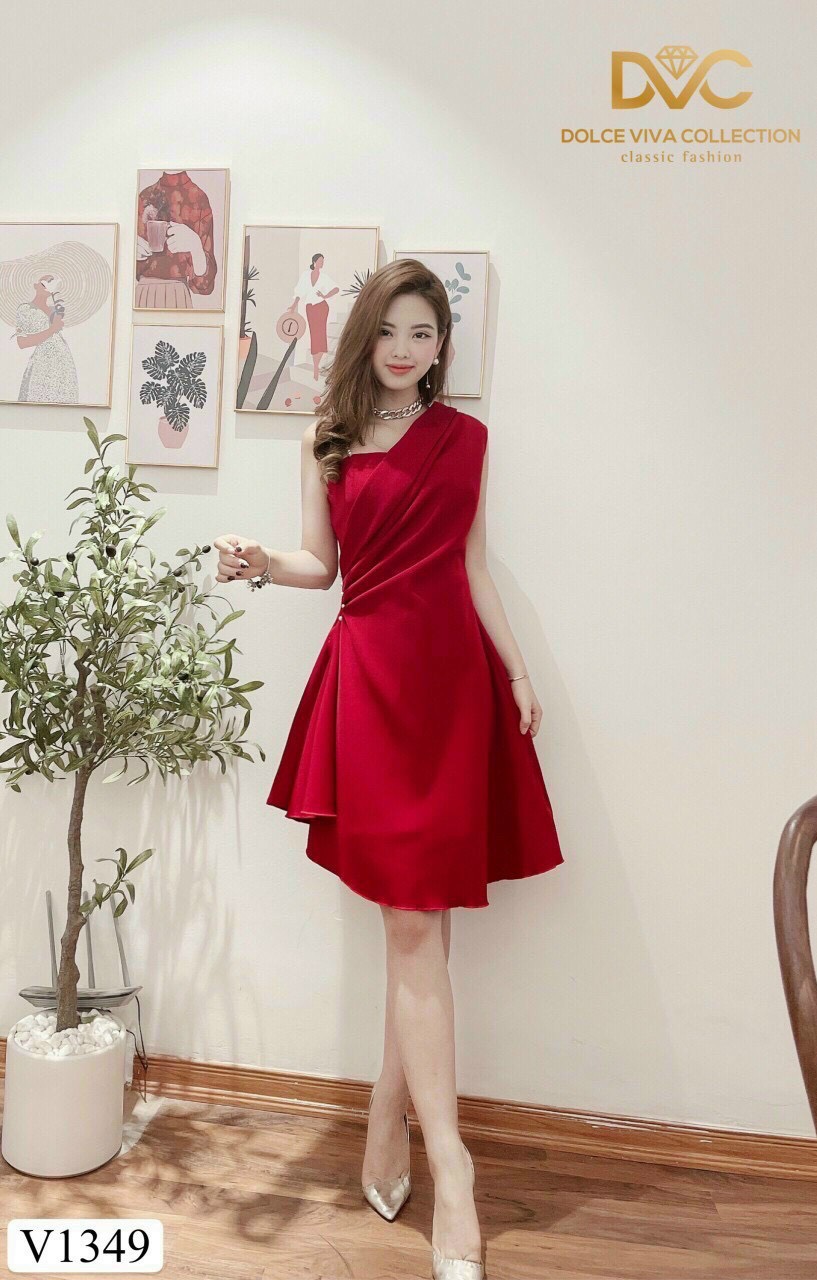 Đầm lệch vai phối dây đính cườm chít eo siêu đẹp trẻ trung cuốn hút -lc