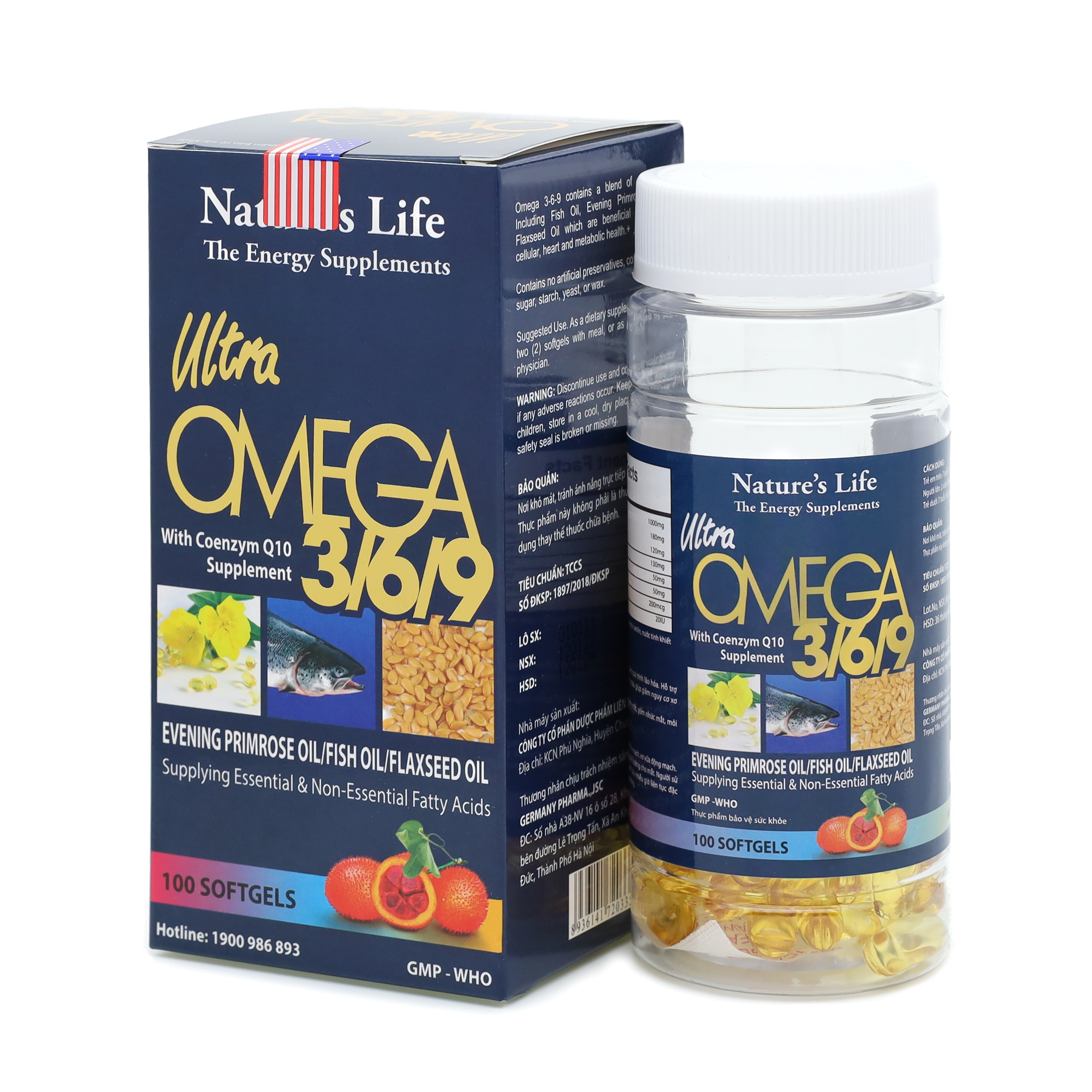 Viên dầu cá Omega 3 6 9 dầu gấc, dầu hoa anh thảo giúp bổ não, sáng mắt, khỏe tim mạch - Hộp 100 viên