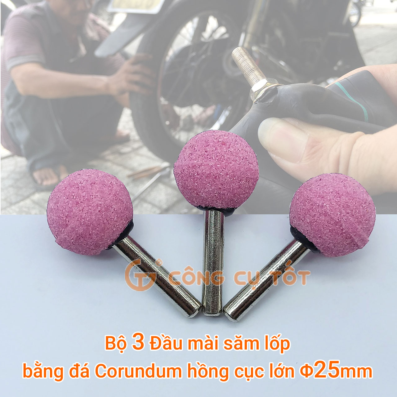 Bộ 3 mũi đá mài lốp đầu bi - đá mài lốp tròn đỏ Φ25mm cốt 6 ly