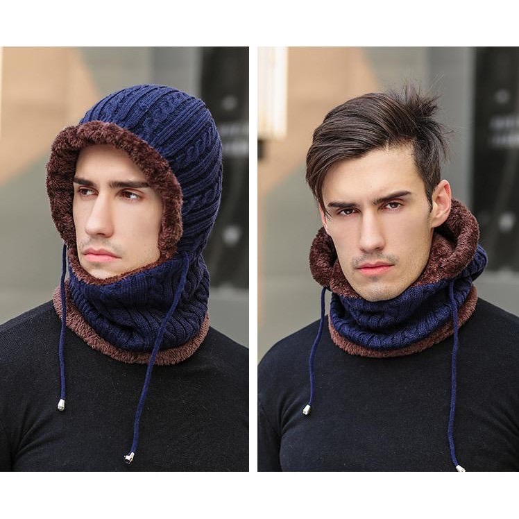 Mũ len trùm đầu liền khăn choàng cổ lót lông ấm áp cho cả nam và nữ