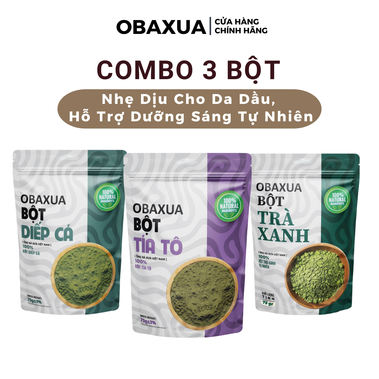 Combo 3 Bột đắp mặt Ngừa Mụn và Mờ Thâm OBAXUA gồm bột Trà Xanh, Diếp Cá, Tía Tô (75gx3)
