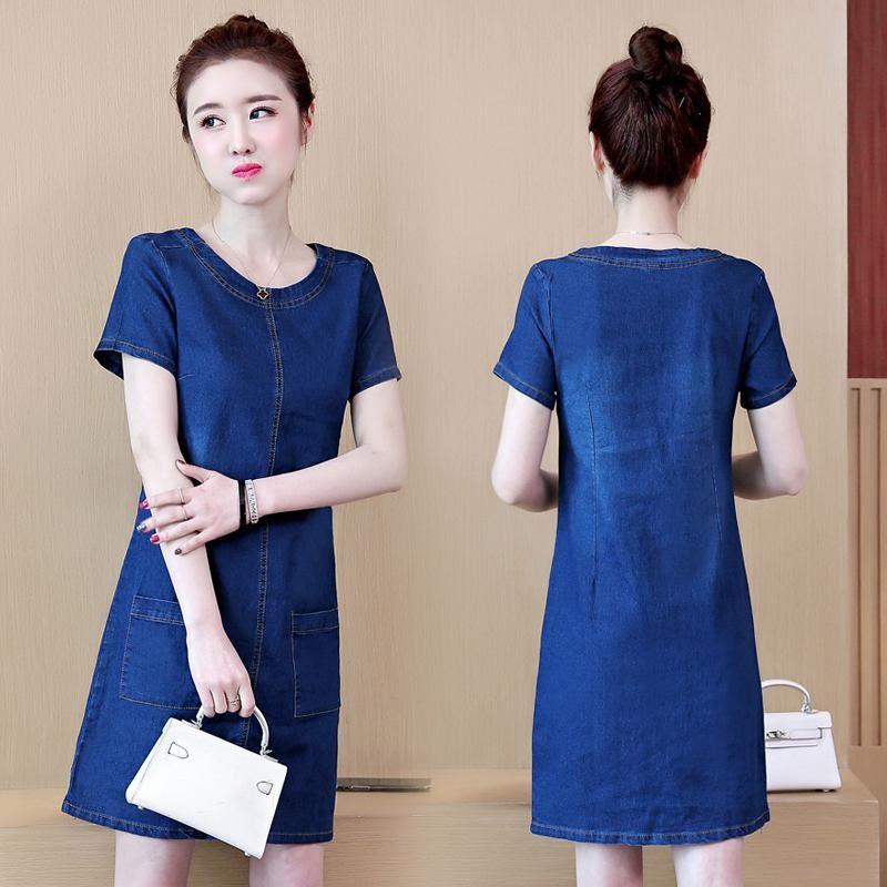 Đầm jean cổ tròn hai túi trước form chữ a đơn giản - tp1944