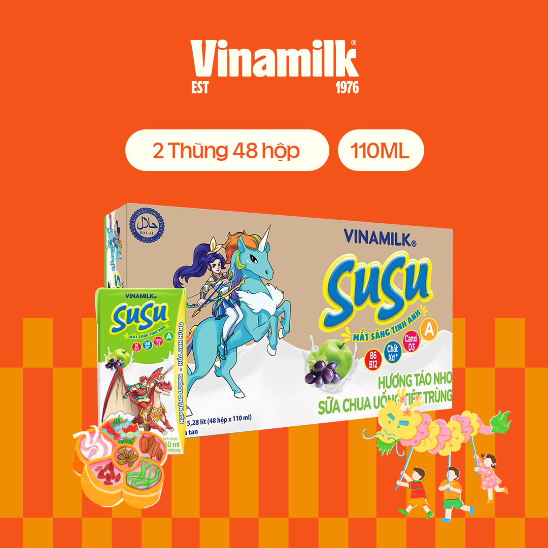 Bộ 2 Thùng (96 hộp) Sữa chua uống Susu IQ hương táo nho 110ml - 48 hộp/ thùng