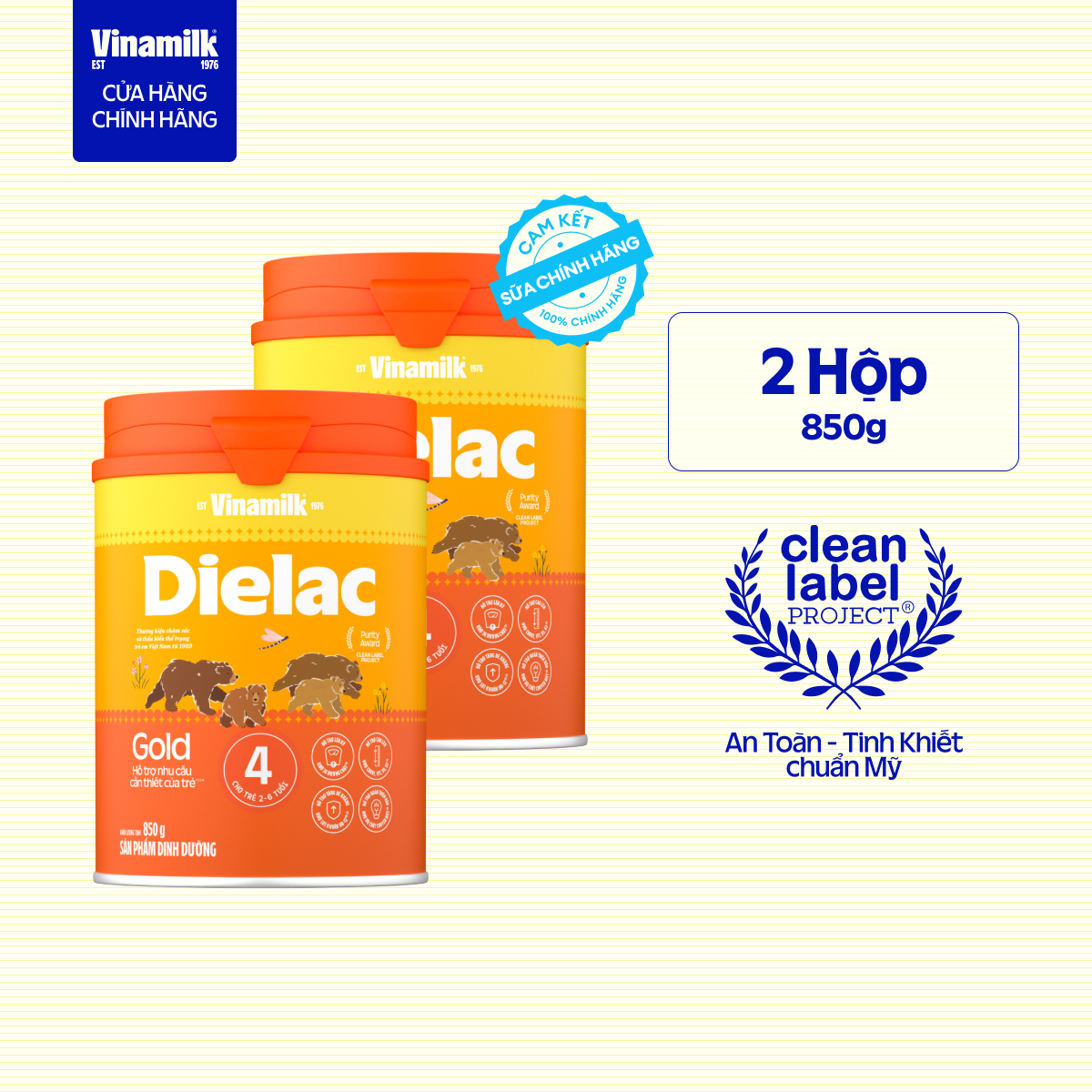  Combo 2 Lon Sữa bột Vinamilk DielacGold 4 - Hộp thiếc 850g  cho trẻ từ 2- 6 tuổi  - Sữa công thức hỗ trợ phát triển trí não của bé tăng cân chiều cao 