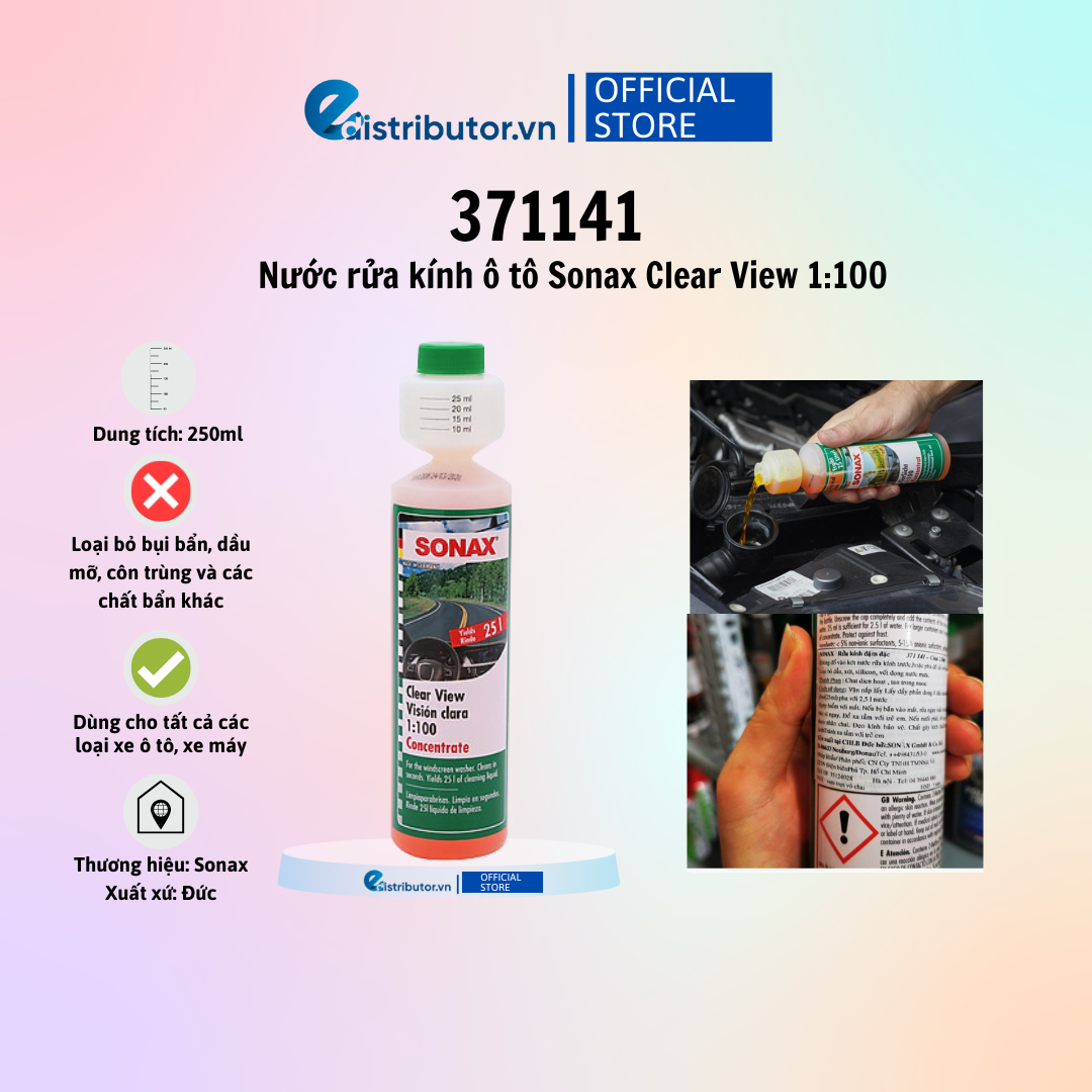 Nước rửa làm sạch và trong kính lái xe sonax clear view 1:100 371141