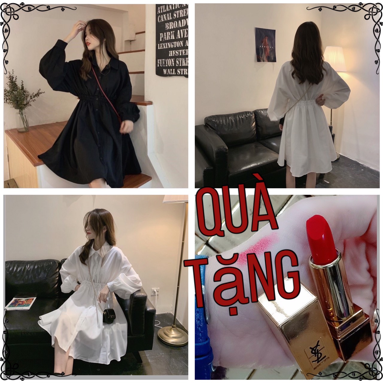 Đầm sơ mi tay dài hai màu trắng đen chiếc eo phong cách