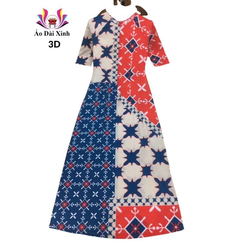 Áo dài truyền thống in 3D lụa Nhật cổ tròn tay lỡ màu đỏ xanh họa tiết đối xứng.