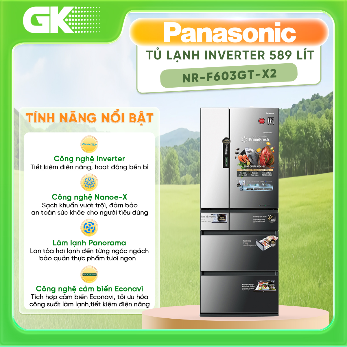 Tủ lạnh panasonic inverter 589 lít nr-f603gt-x2 - mặt gương sang trọng, dễ vệ sinh làm đá nhanh bảng điều khiển bên ngoài - giao toàn quốc