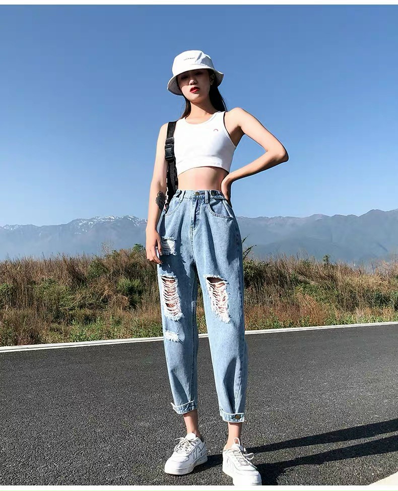 Quần Baggy nữ lưng cao, rách bụi lai kiểu BIGSIZE