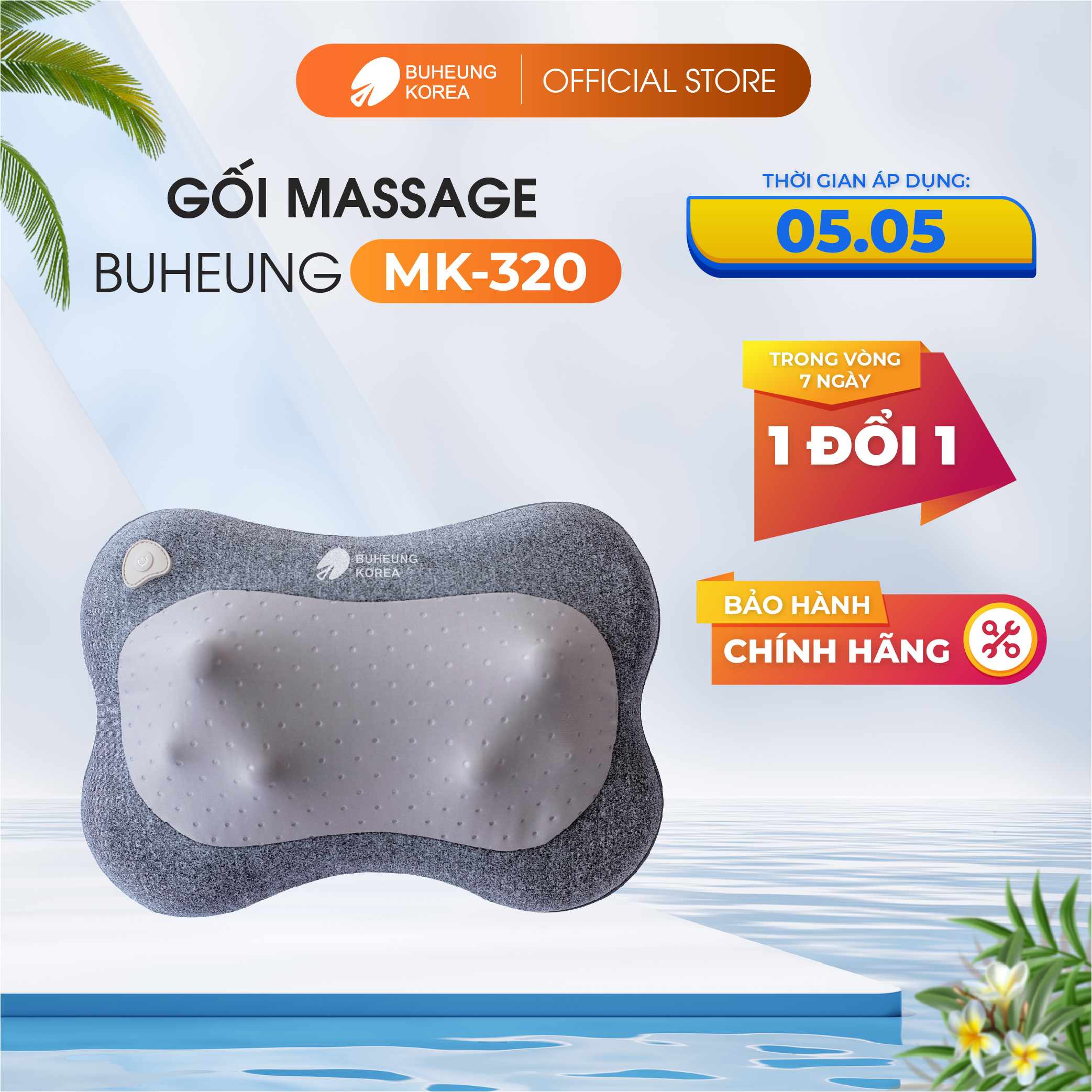 Gối massage Buheung MK-320 nhỏ gọn, giúp lưu thông máu, giảm đau, bảo hành chính hãng 12 tháng