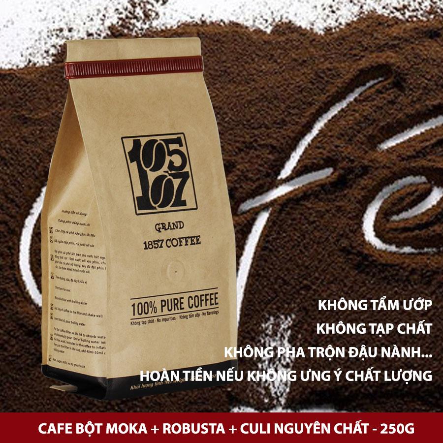 Cà phê bột đặc biệt Moka + Robusta + Culi - Cà phê rang xay nguyên chất không tẩm ướp không trộn phụ gia chuẩn vị, hậu ngọt, gói 250g, 1857 Coffee