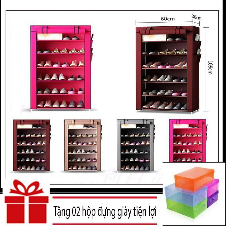 Tủ giày dép 7 tầng 6 ngăn bọc vải cao cấp giá rẻ, Tủ vải đựng giày dép 7 tầng 6 ngăn Tặng 02 Hộp Để Giày