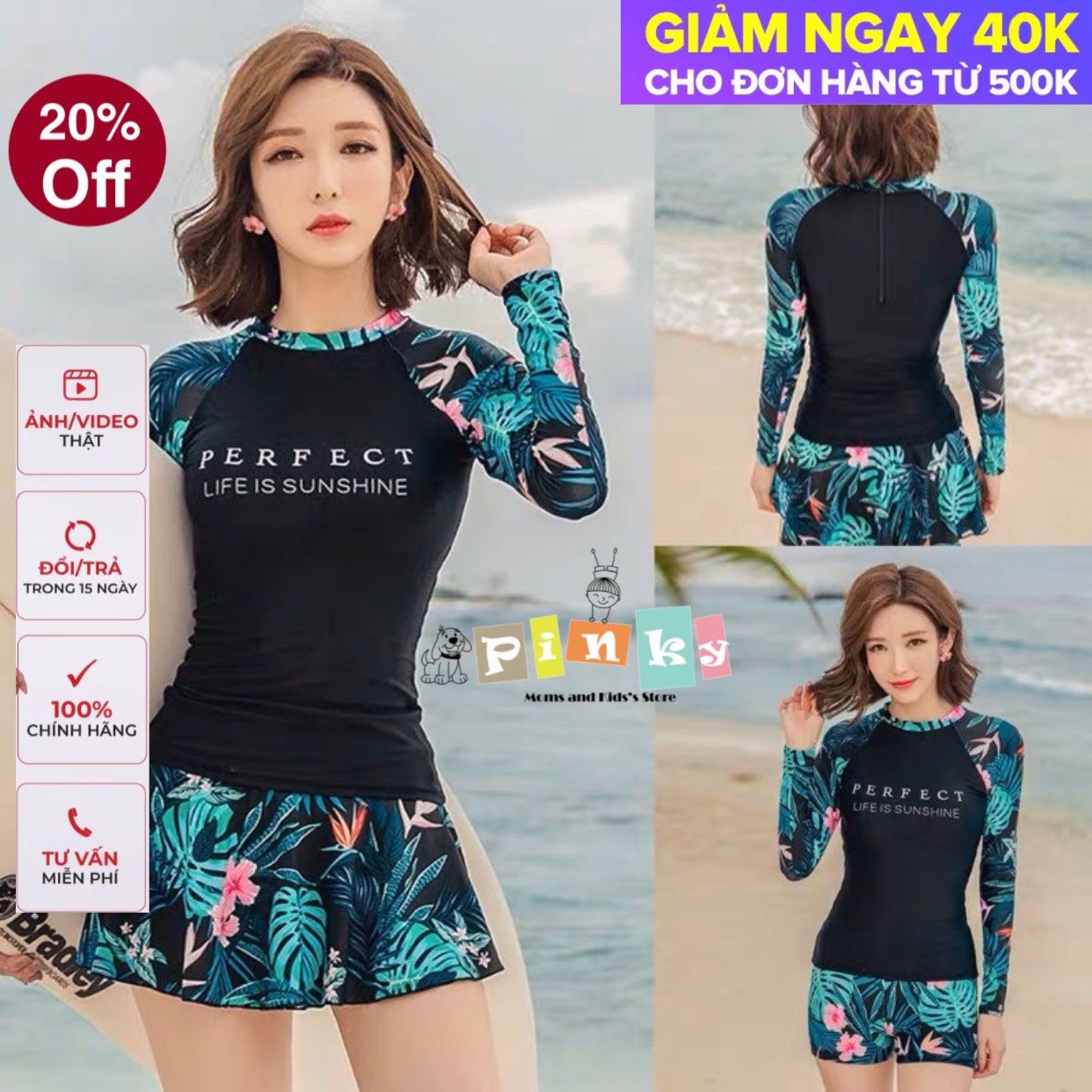 Đồ bơi nữ tay dài big size áo tắm 3 mảnh chống nắng bikini 3 mảnh kín đáo màu xanh đen hoạ tiết hoa lá