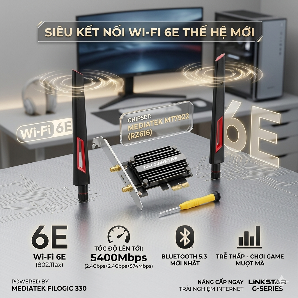 Card Wifi 6E Tri-band MediaTek MT7922 (RZ616) - Tốc độ cực đỉnh, kết nối siêu ổn định, Bluetooth 5.3 cao cấp!