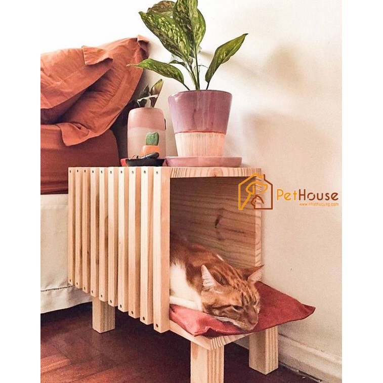 Nhà cho mèo gỗ thông tự nhiên thiết kế độc đáo, chuồng mèo gỗ tự nhiên