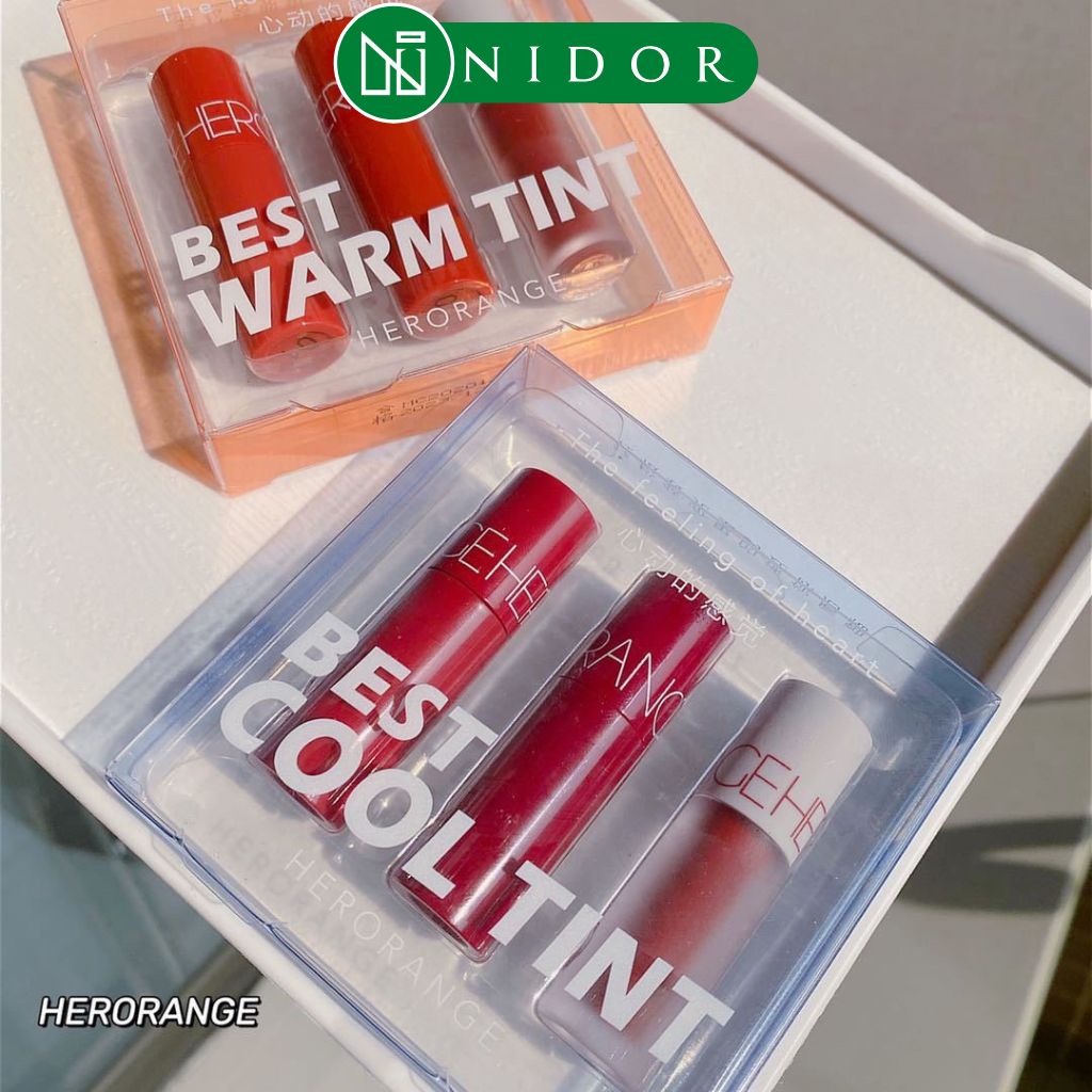 Set 3 cây son kem lì herorange best tint cool & warm bảng mini