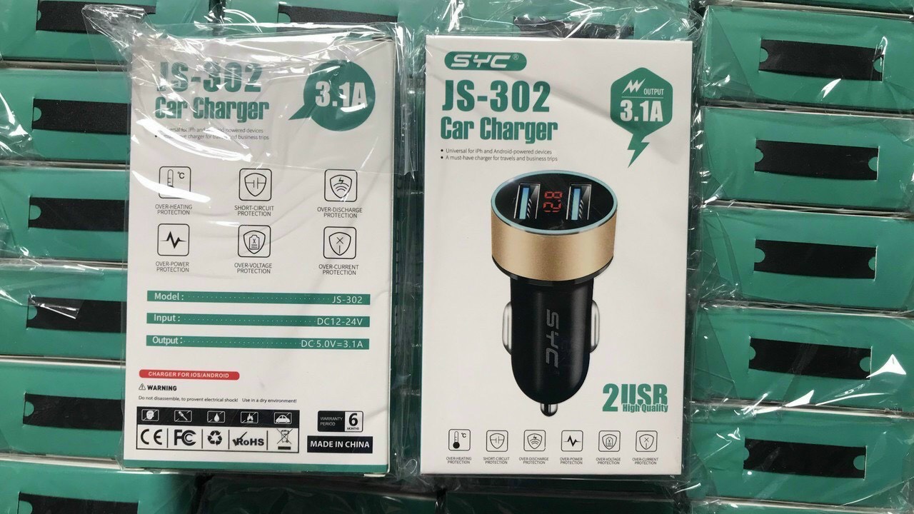 [HCM]cốc sạc xe hơi SYC JS302  2 cổng USB sạc nhanh 3.1A có đồng hồ LED
