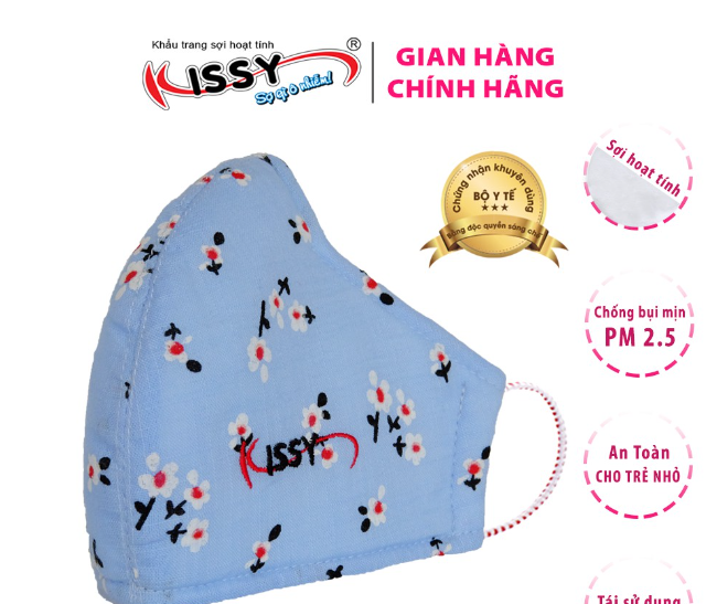 Khẩu trang Kissy người lớn chống bụi mịn mẫu size M hoa xanh nhỏ- Chống nắng và Bụi Mịn