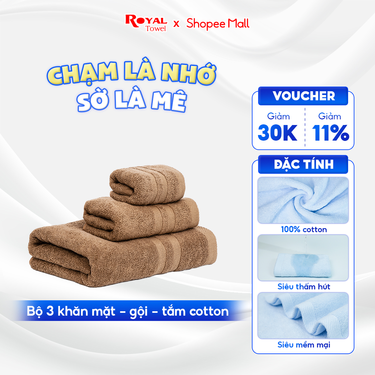 Combo 3 khăn: khăn tắm, khăn gội, khăn mặt royal towel 100% cotton mềm mại, thấm hút, kháng khuẩn