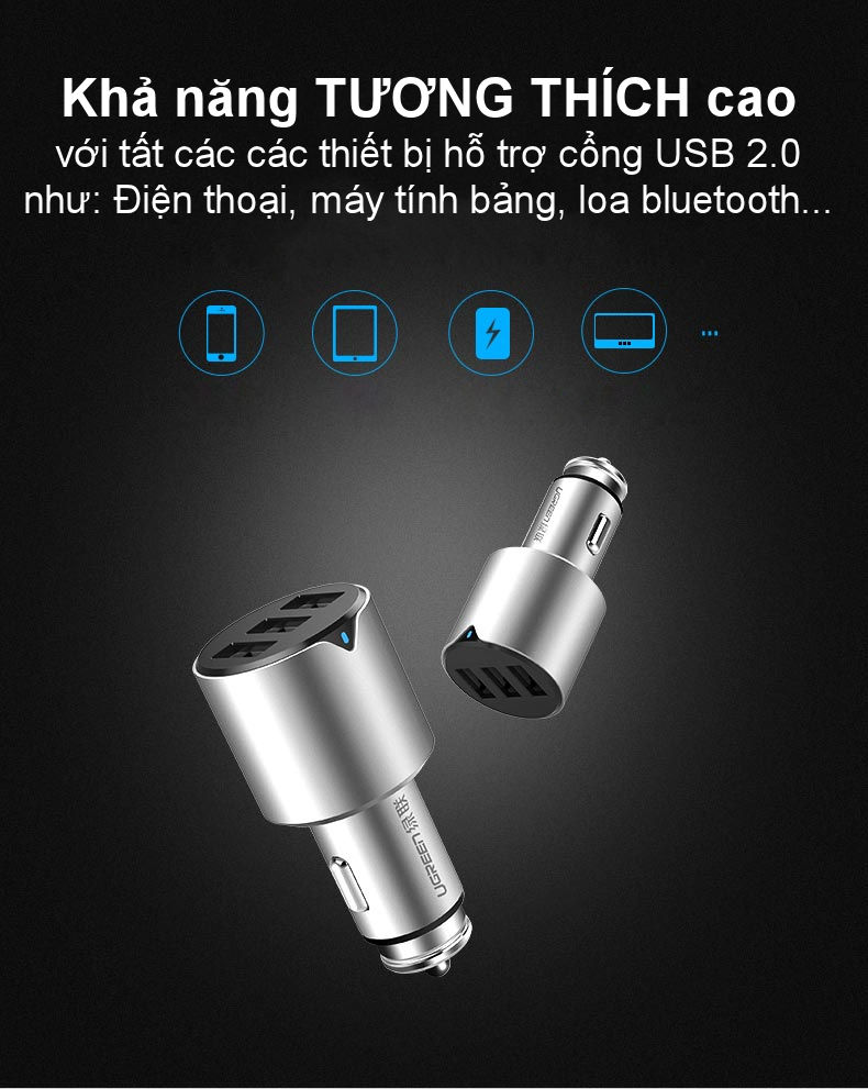 Sạc điện thoại hỗ trợ 3 cổng USB 2.0 trên xe hơi, dòng tối đa 2.4A UGREEN CD165 40733 Sạc điện thoại hỗ trợ 3 cổng USB 2.0 trên xe hơi, dòng tối đa 2.4A UGREEN CD165 40733