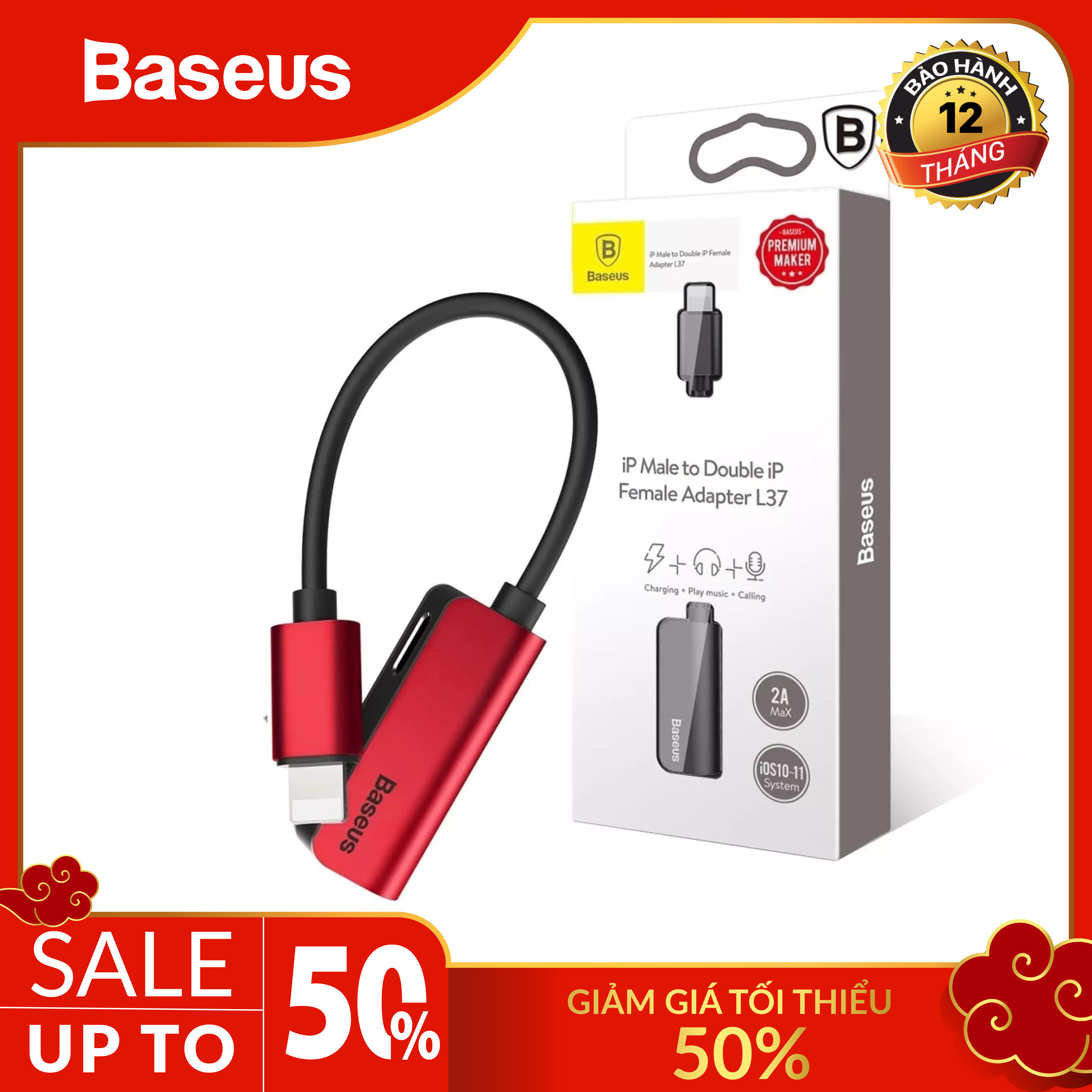 Đầu chuyển chia cổng Lightning Baseus L37 cổng 2 lightning sạc 2A hỗ trợ đàm thoại