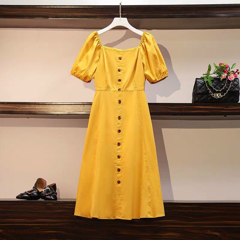 Đầm vàng suông cổ vuông tay ngắn phối cúc trước năng động TTSA1042