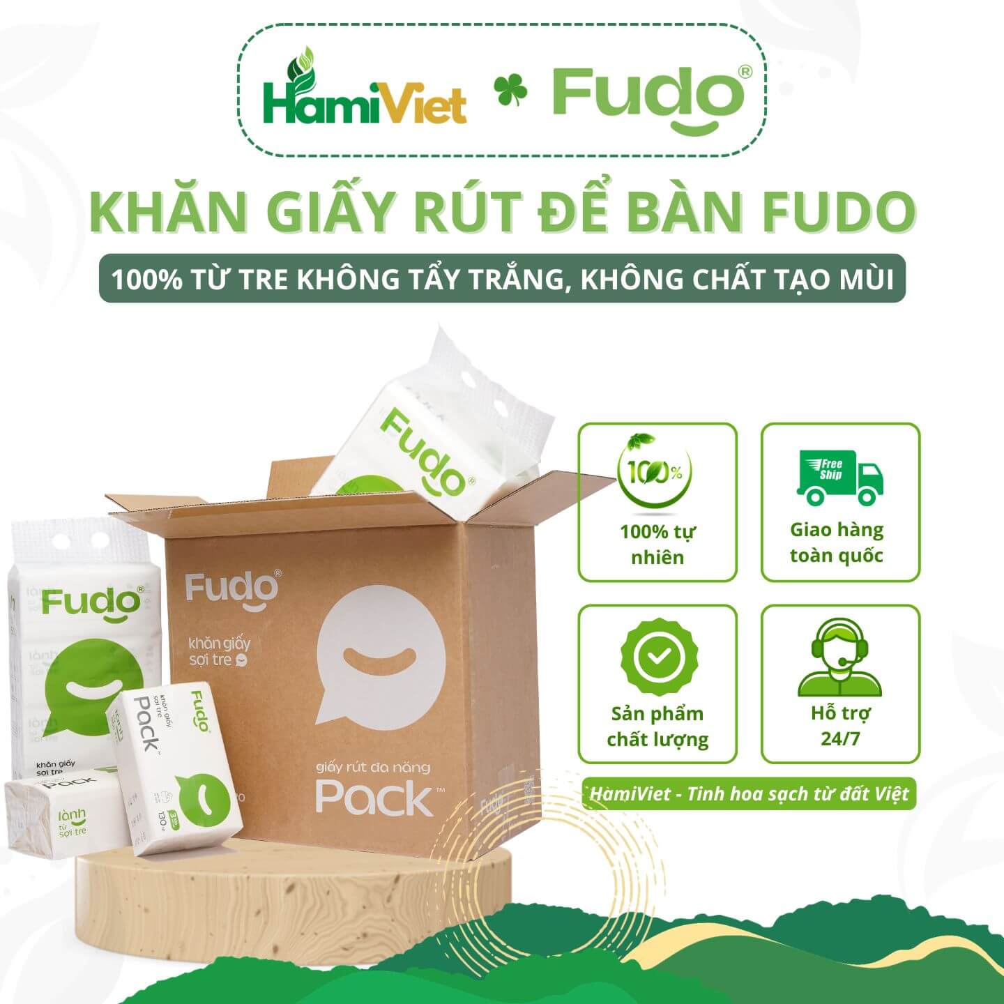 Thùng giấy rút để bàn Fudo TissuePack từ 100% sợi tre tự nhiên an toàn cho sức khỏe gia đình bạn