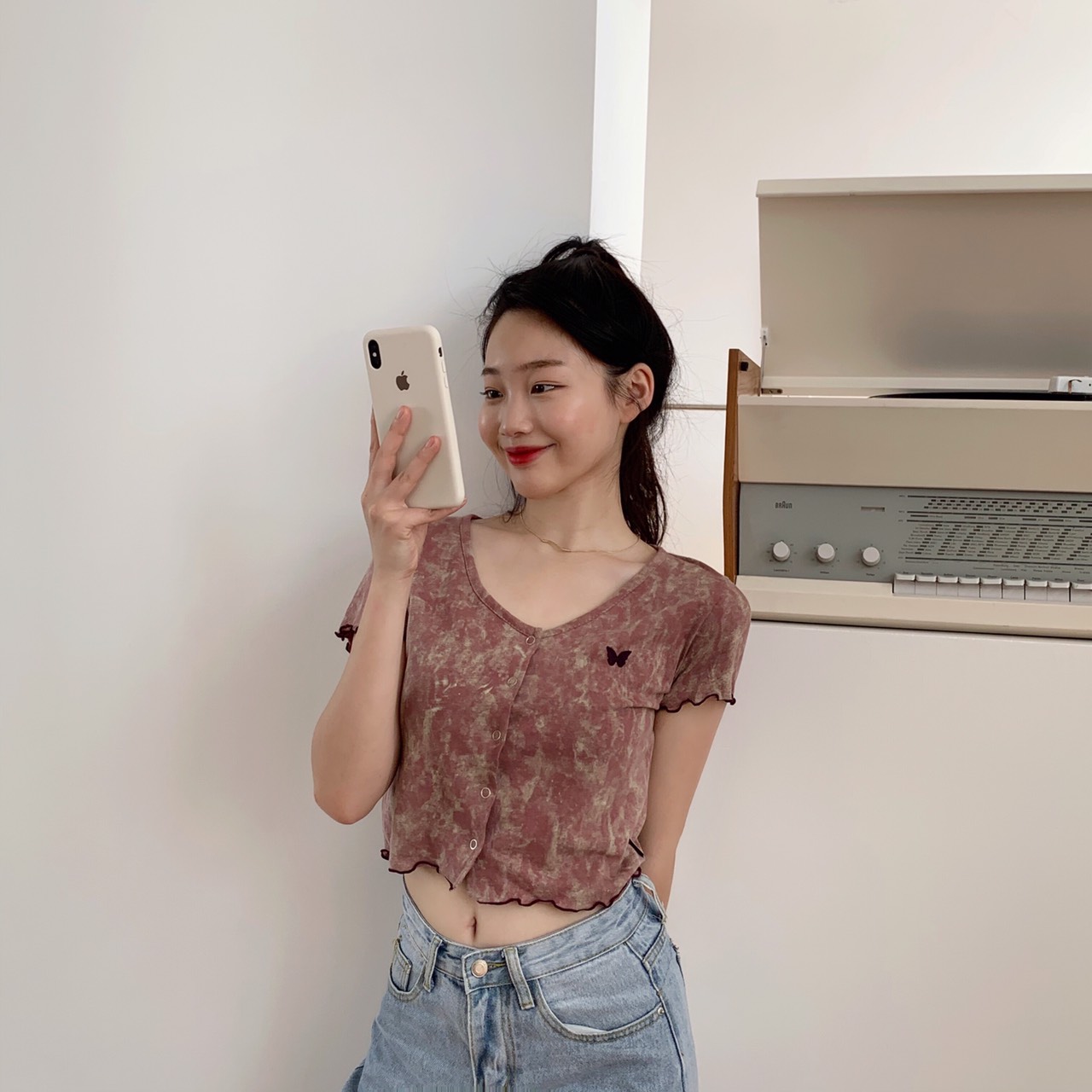 [Có ảnh thật] Áo croprop phối cúc in hình bướm