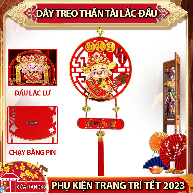 Dải treo thần tài lắc đầu tài lộc, thần tài treo tết lắc lư, móc treo thần tài cầu may mắn, tài lộc, thần tài treo cửa có pin, dải treo ông thần tài lắc lư, phụ kiện trang trí tết, thần tài trang trí tết, dải treo thần tài tết 2023