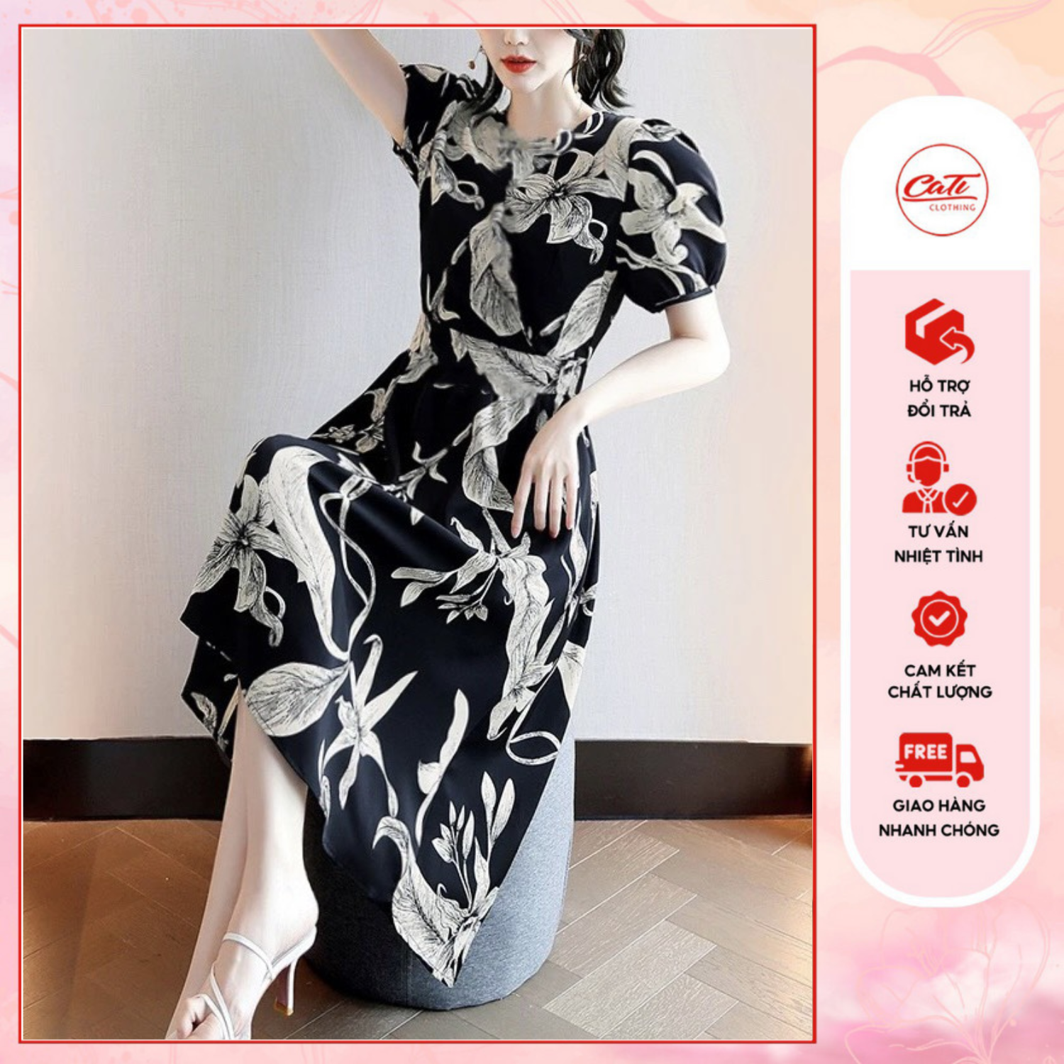 Cati đầm midi tay bồng 2 màu hoa