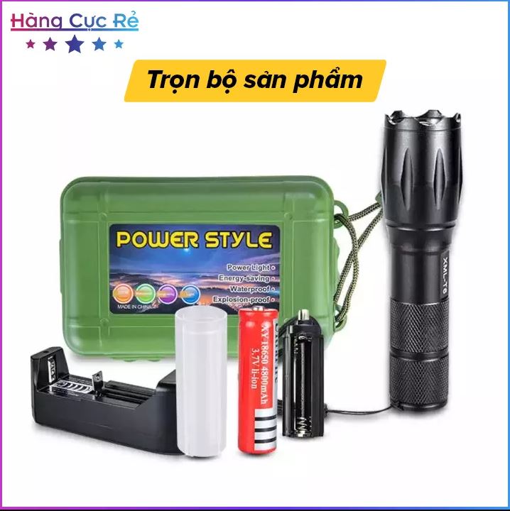 Đèn Pin T6, Led Siêu Sáng Siêu Xa Trăm Mét, Có 5 Chế Độ, Chống Nước - Trọn Bộ Gồm 1 Đèn Bin Mini, 1 Pin Sạc 18650, 1 Bộ Sạc Điện, 1 Dụng Cụ Xài Pin Tiểu 3A Aaa.