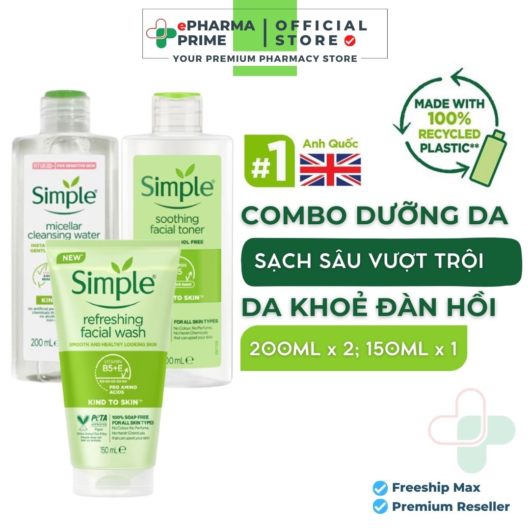 Bộ dưỡng da simple tẩy trang, sữa rửa mặt, toner simple an toàn cho da nhạy cảm
