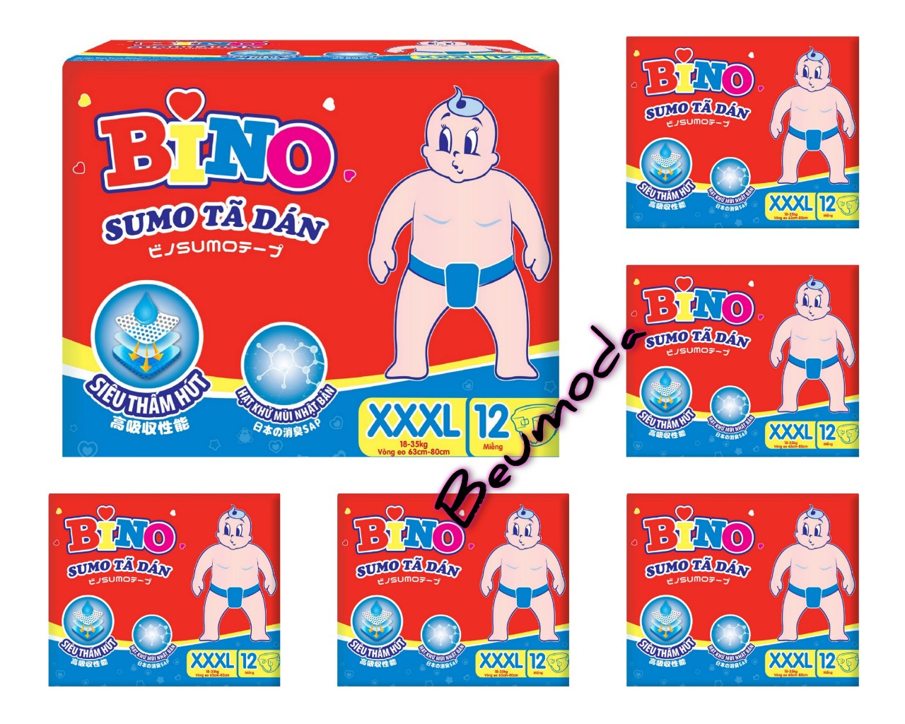 Combo 6 gói tã dán bino sumo siêu thấm hút XXXL12 cho bé ( 18-35kg )