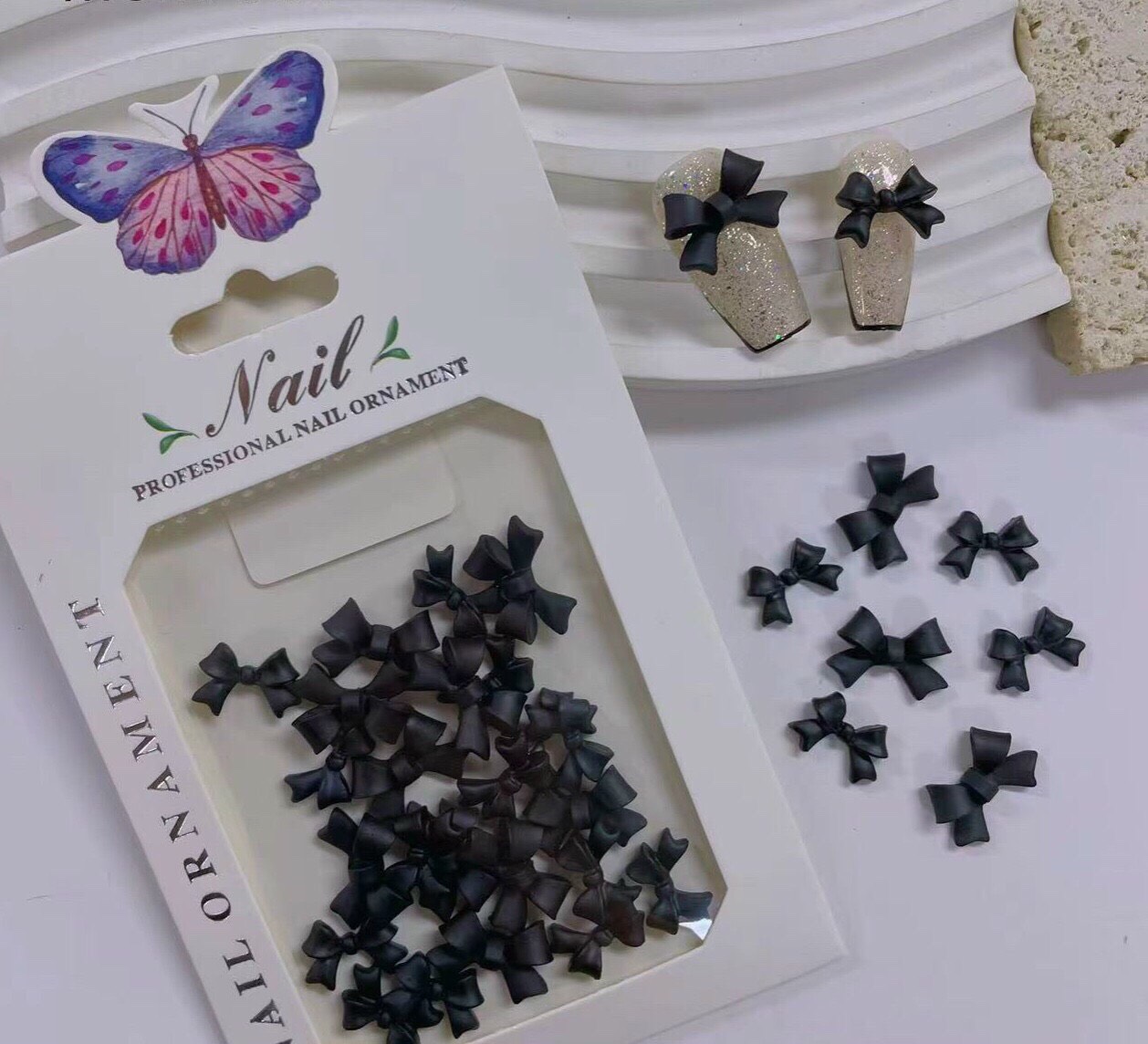 Charm nơ trắng, đen, phụ kiện trang trí móng - mini nails